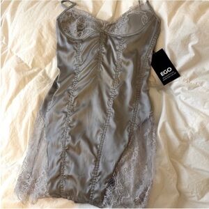 Silver Satin Lace Slip Dress